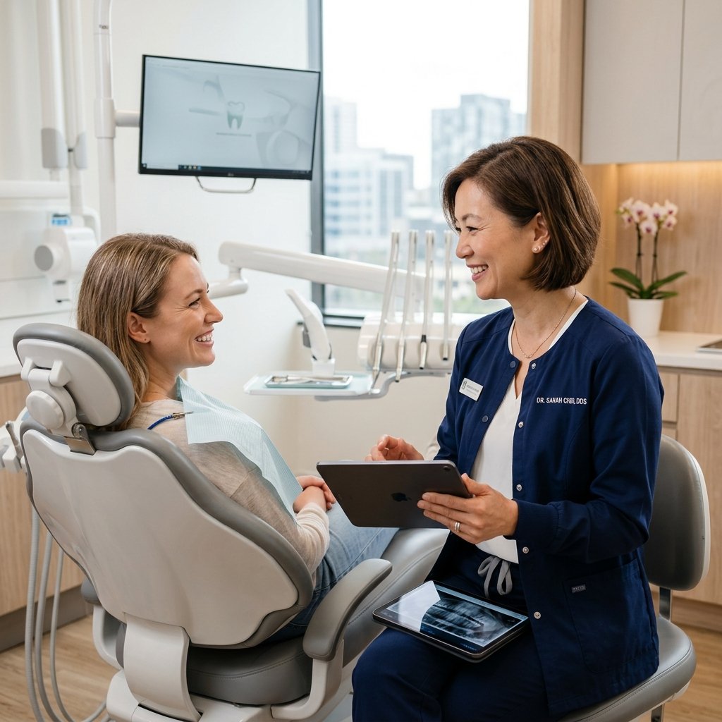 Friendly Dentist explaining dental treatment to a smiling patient at Marina Dental Clinic