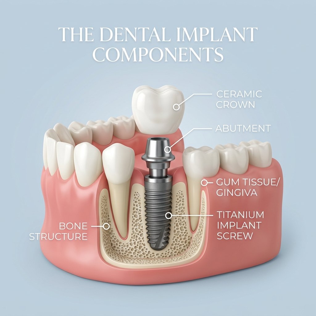 Medical diagram showing the dental implant parts: Titanium Screw, Abutment, and Ceramic Crown